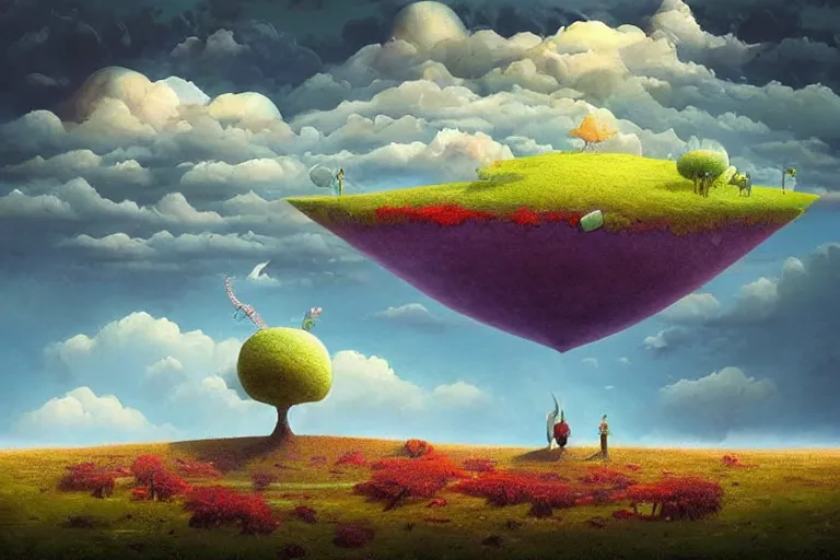 Prompt: surreal glimpse into other universe, floating island in the sky, summer morning, very coherent and colorful high contrast, art by!!!! gediminas pranckevicius!!!!, geof darrow, dark shadows, hard lighting