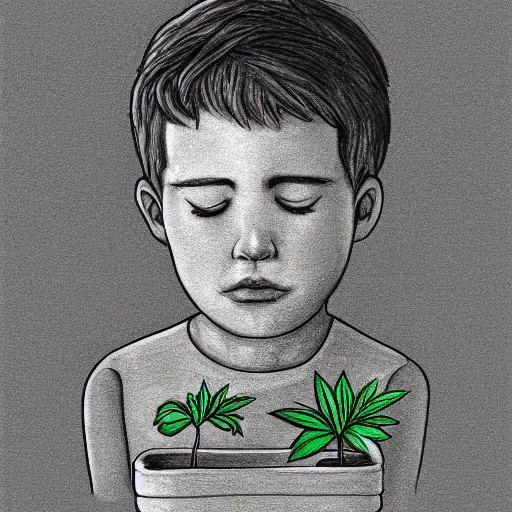 Prompt: drawing of a sad boy holding a pot plant, ultra detail, behance