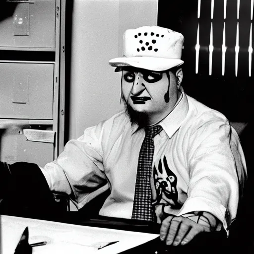 Prompt: violent j working an office job in the 1 9 5 0 s, flickering yellow lighting, highly detailed, 4 k,