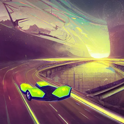 Image similar to solarpunk hovercar, clean energy, green technology, highway, sunny day, futurism, intricate, engines, glow, highly detailed, drone wings, peaceful, utopia, bright, digital painting, artstation, concept art, smooth, sharp focus, epic landscape, art by akihiko yoshida and tim mcburnie and anato finnstark