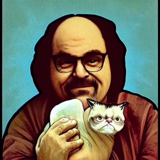 Image similar to “ george costanza from seinfeld holding grumpy cat above his head, holy light, art nouveau, by alphonse mucha ”