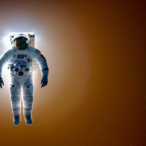 Image similar to photograph of an astronaut in space, singular light source from below, earth only visible below, full body photo, amazing light and shadow contrast, 8 k