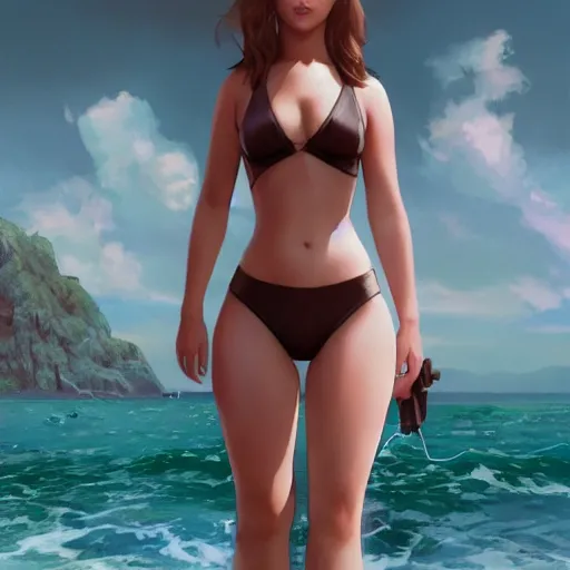 Image similar to cgsociety, by wlop, ilya kuvshinov, krenz cushart, greg rutkowski, trending on artstation. zbrush sculpt, octane, maya, houdini, vfx. cute jennifer lawrence wearing latex bikini. cinematic dramatic atmosphere, sharp focus, volumetric lighting.