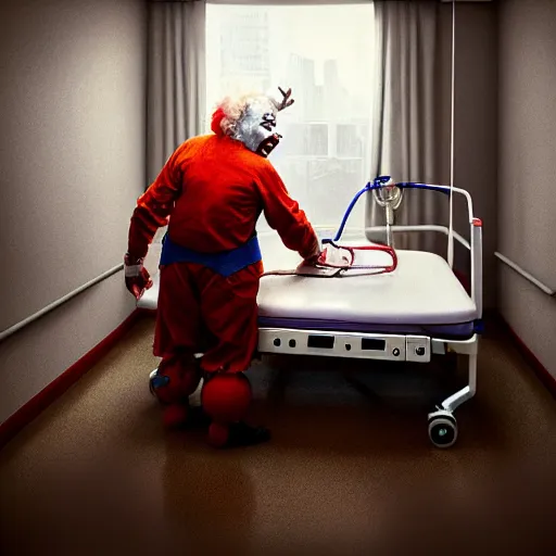 Image similar to elderly clown restrained to hospital bed with wrist restraints attached to hospital bed, greg rutkowski, photograph, 8 k