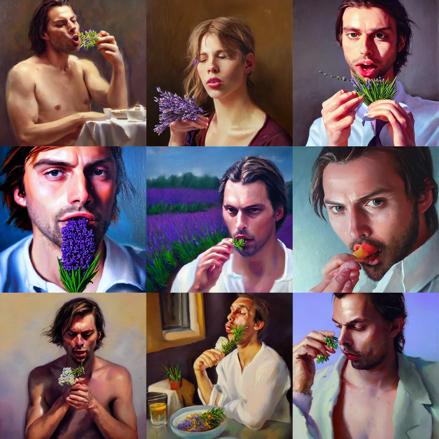 Prompt: thierry baudet eating lavender, oil painting, beautiful, cgsociety