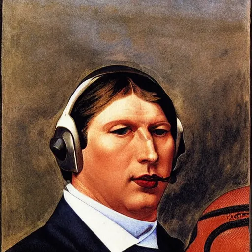 Image similar to face head whiskers ears Portrait of John Madden Hippo announcer standing atop a gridiron football field whilst wearing headphones whilst speaking into microphone booms eugene delacroix christian schad ilya repin giorgio de chirico giotto leonardo da vinci watercolor pastel oil