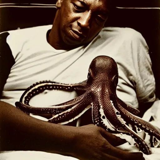 Image similar to john coltrane snuggling an octopus in bed