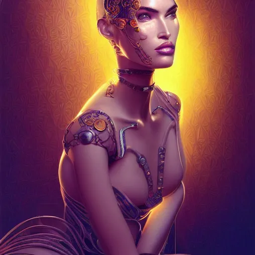 Prompt: the portrait of an absurdly elegant, sophisticated, fashionable ottomanpunk robotess idol, an ultrafine illustration of young african megan fox mix by kim jisu, intricate linework, neon wiring, fashion, porcelain skin, unreal engine 5 highly rendered, global illumination, radiant light, detailed and intricate environment, by rutkowski, artgerm, marvel comics