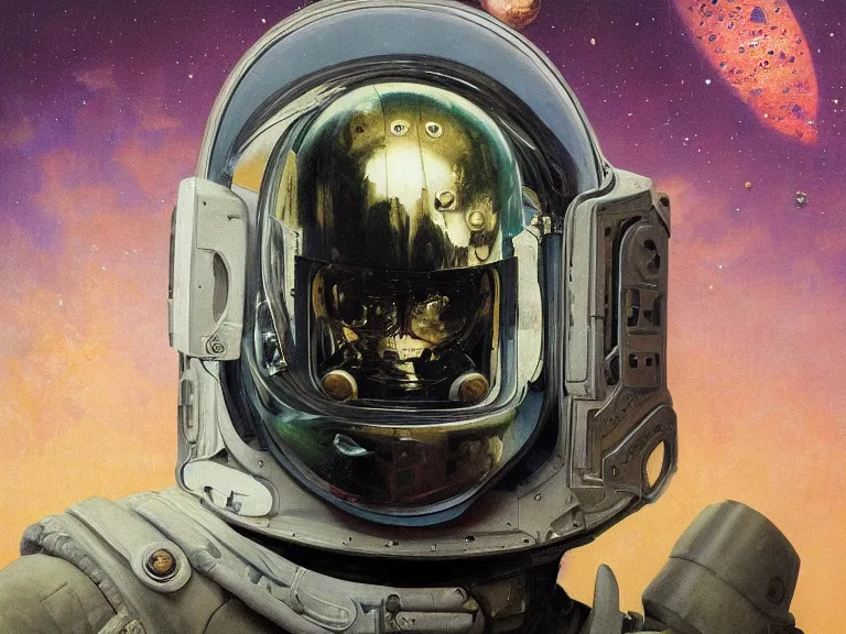 Prompt: a detailed profile oil painting of an advanced shock trooper in a spacesuit with reflective helmet, advanced technology flight suit, portrait symmetrical and science fiction theme with aurora lighting clouds and stars by beksinski carl spitzweg and tuomas korpi. baroque elements, full-length view. baroque element. intricate artwork by caravaggio. Trending on artstation. 8k