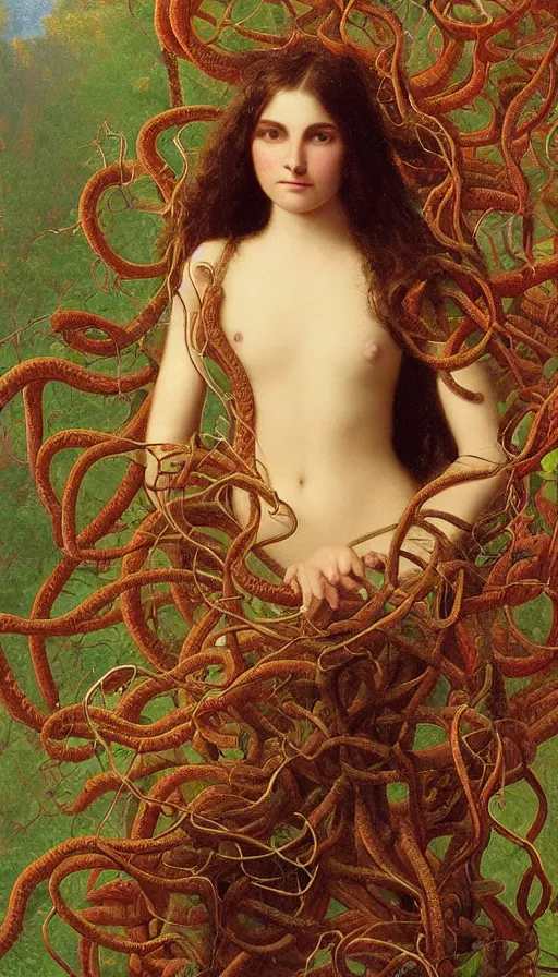 Prompt: very detailed portrait of a 2 0 years old girl surrounded by tentacles, the youg woman visage is blooming from fractal and vines, by albert bierstadt,