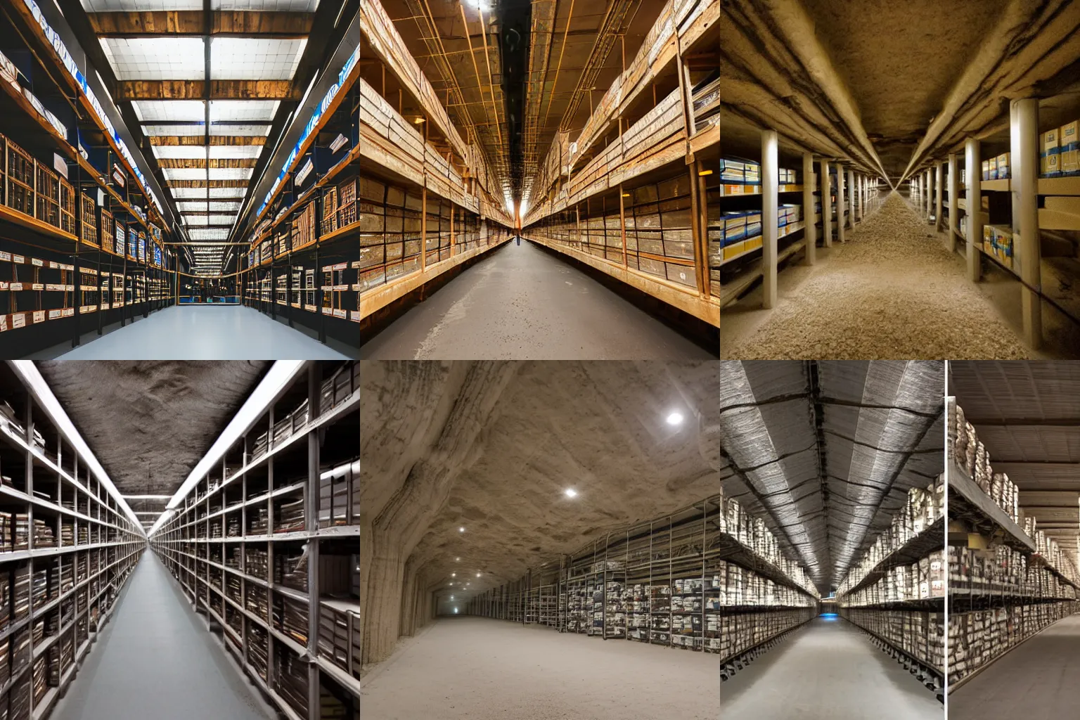 Prompt: archive storage facility with shelves on both sides from floor to ceiling with audio cassettes in a huge underground salt mine with bright lights