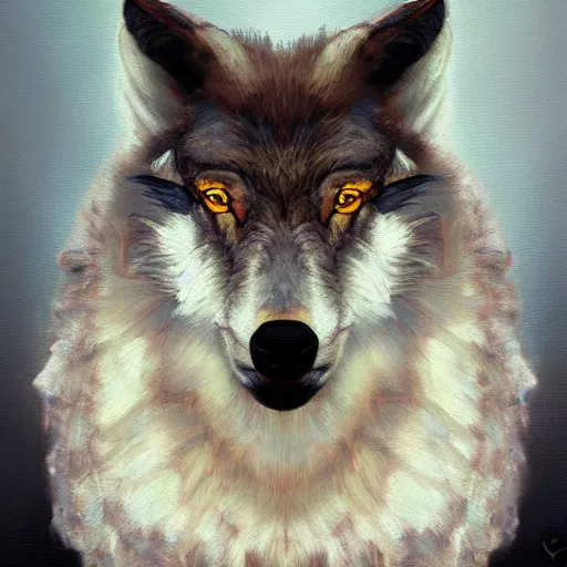 Prompt: wolf sheep head, oil painting, front view, artstation, dramatic lighting, symmetry, beautiful