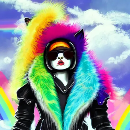 Image similar to wide angle full body, jacket wearing fluffy cute rainbow kitten wearing a black leather motorcycle jacket, riding on a motorcycle, cinematic concept art