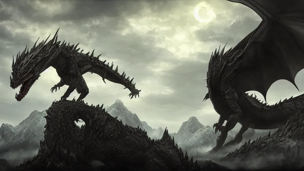 Image similar to Ancalagon the black, the biggest dragon that ever lived, over towering the huge mountains of Thangorodrim, landscape wide shot, epic, cinematic lighting, Unreal Engine 5, film key art, Bloom, dramatic lighting, cg artist