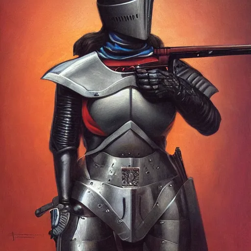 Image similar to portrait of a female knight with a shotgun, by gerald brom