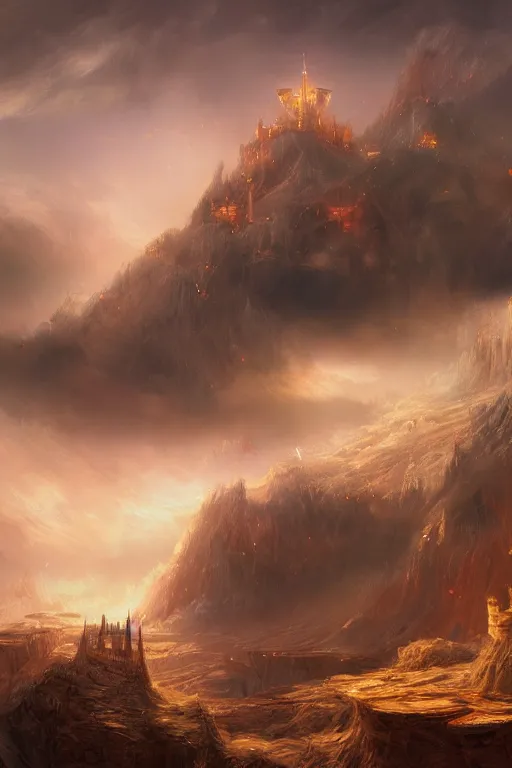 Prompt: breathtaking detailed soft painting of a dozens of flying swords of light, in golden clouds above a desert castle, strokes of mist and scarlet ribbons, german romanticism style, volumetric lighting, concept art, matte, sharp focus, art by celestialfang, matchach, juanmao, dustin panzino, trending on artstation