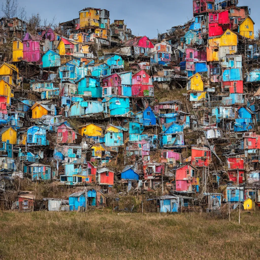 Image similar to a tower made up of colourful makeshift squatter shacks, dystopia, sony a 7 r 3, f 1 1, fully frontal view, photographed by jeanette hagglund, ultra detailed,