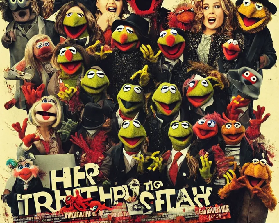 Image similar to a horror movie poster featuring muppets hijacking a train