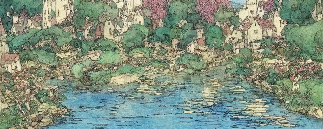 Prompt: a river running through a medieval village, summer, beautiful colors, by warwick goble, kay nielsen, award winning, highly detailed