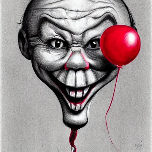 Prompt: surrealism grunge cartoon portrait sketch of an apple with a wide smile and a red balloon by - michael karcz, loony toons style, pennywise style, horror theme, detailed, elegant, intricate