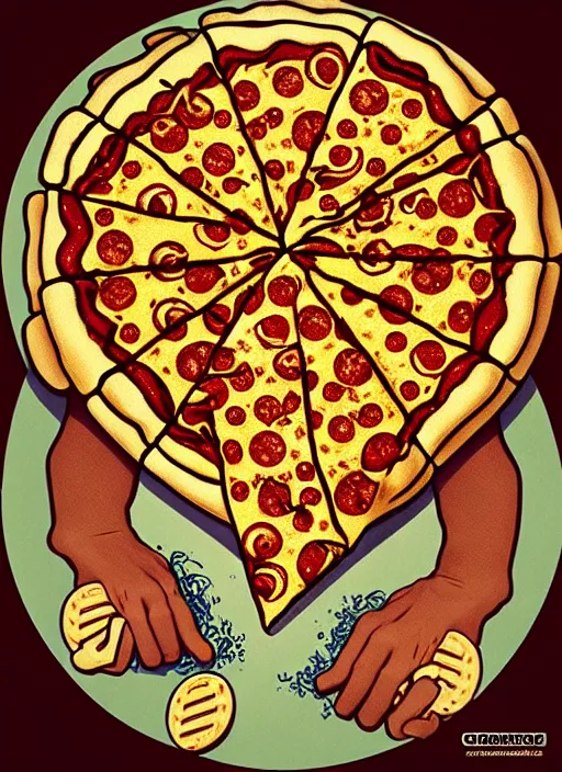 Prompt: man throws pizza like a frisbee, intricate, elegant, highly detailed, lighting, painting, artstation, smooth, illustration, art by greg rutowski and alphonse mucha