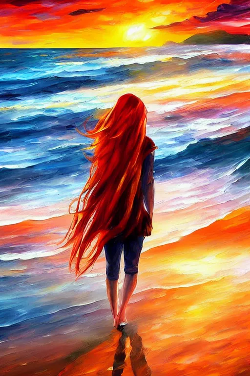 Image similar to a red haired young girl beach surreal, sunrise, dramatic light, impressionist painting, colorful clouds, digital painting, artstation, leonid afremov