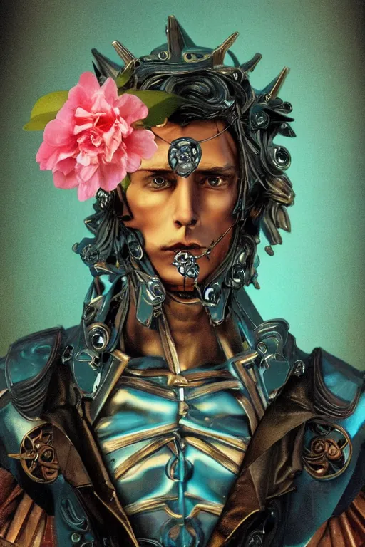 Image similar to a young handsome Spanish metal android with a large glowing sakura-color lit crystal in the center of his chest, full-body bronze cyberpunk style statue of Icarus with glowing blue eyes, crown of mechanical peach roses, flowing teal-colored silk, fabric, steampunk flowers. baroque elements, human skull. full-length view. baroque element. intricate artwork by caravaggio. many flying horses on background. Trending on artstation, octane render, cinematic lighting from the right, hyper realism, octane render, 8k, depth of field, 3D