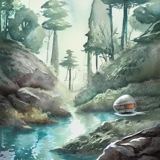 Image similar to beautiful happy picturesque charming sci - fi organic pod - like homes of the future in a beautiful natural scene. water, trees and rocks. beautiful light. soft colour scheme. beautiful artistic detailed watercolor by lurid. ( 2 0 2 2 )