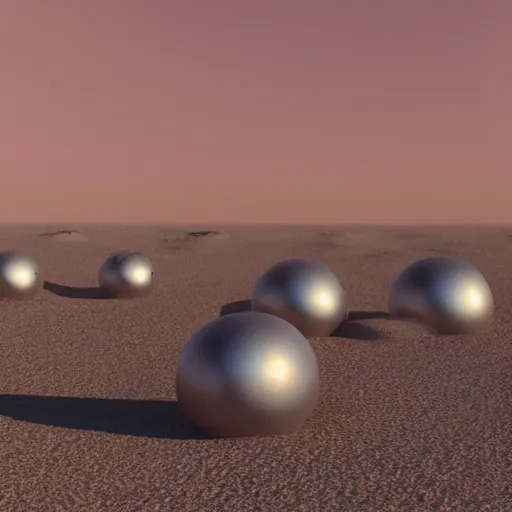 Image similar to army of metallic spheres in desert, raytracing, 5 5 mm