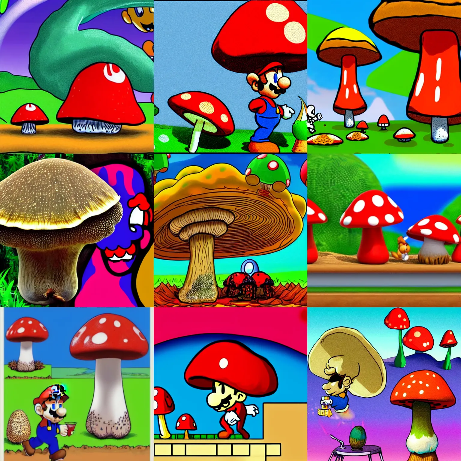 Prompt: drunk mario eats big fly agaric mushroom and drinks aluogol and sees psychedelic hallucinations in his head, cartoon