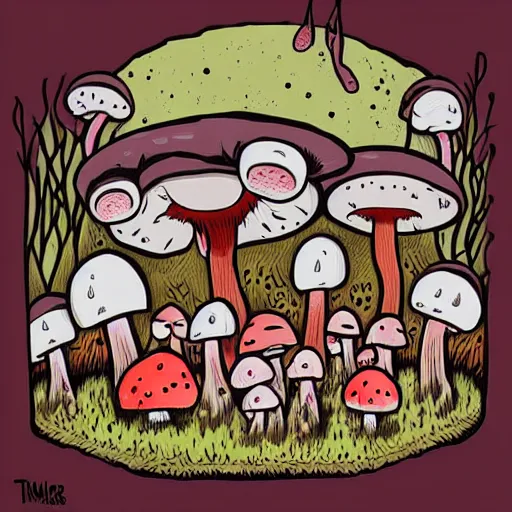 Prompt: a grinning mushroom family by tim doyle and anna dittmann, macabre | dark art