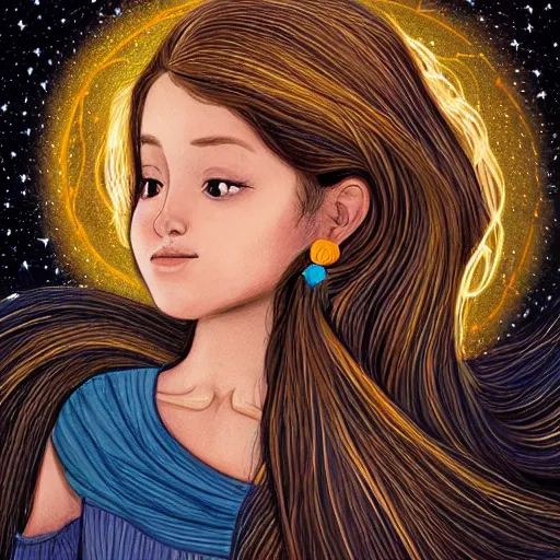 Prompt: A beautiful illustration of a woman with long flowing hair, wild animals, and a dark, starry night sky. Wanda Gág by Lilia Alvarado ornate