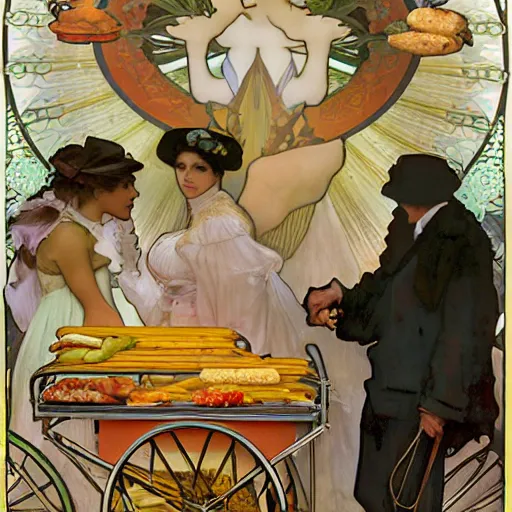 Prompt: a Hot-Dog-Cart selling in new york city art by alphonse mucha and Monia Merlo and Raymond Swanland