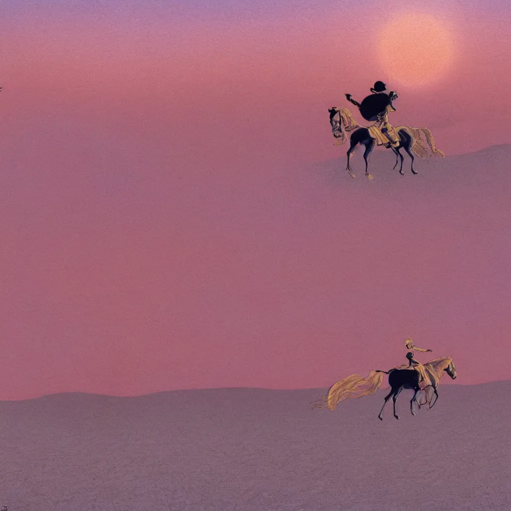 Image similar to Mickey Mouse riding a horse in a desert, pink sky, high definition, by Moebius