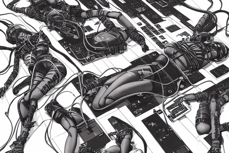 Image similar to a cyberpunk illustration of a group of female androids in style of masamune shirow, lying on an empty, white floor with their bodies scattered around in different poses and cables and wires coming out, by yukito kishiro and katsuhiro otomo, hyper-detailed, intricate, view from above