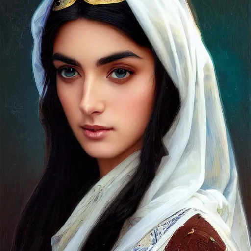 Image similar to portrait of ameera al taweel, bright blue eyes, long wavy black hair, white veil, front , highly detailed, digital painting, artstation, concept art, smooth, sharp focus, illustration, ArtStation, art by artgerm and greg rutkowski and alphonse mucha and J. C. Leyendecker and Edmund Blair Leighton