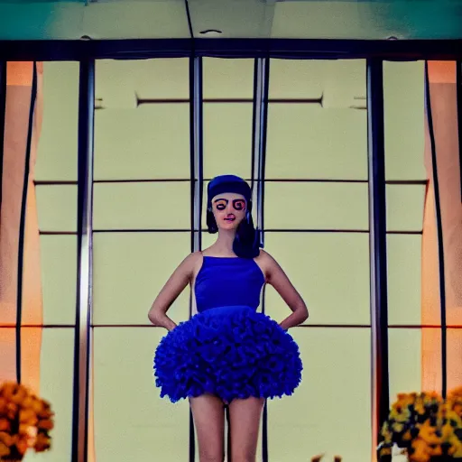 Image similar to giant flower head, frontal, girl standing in mid century hotel, surreal, symmetry, bright colors, cinematic, wes anderson