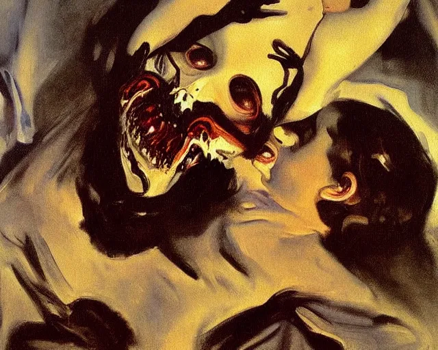 Image similar to a terrifying, disturbing painting by John Singer Sargent