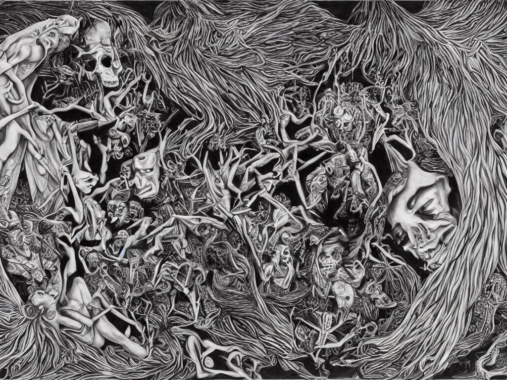 Image similar to meditation on death by Alex Grey and M. C. Escher collaboration