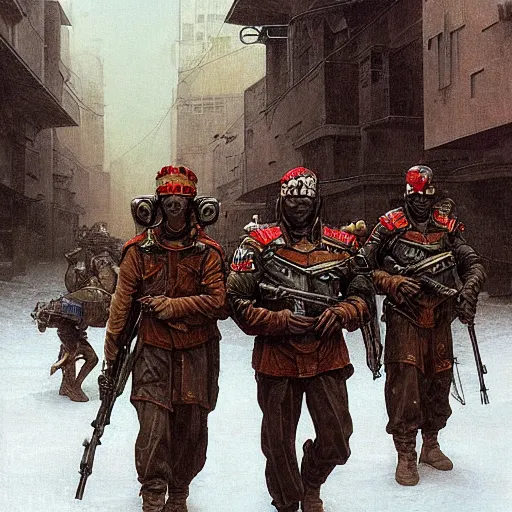 Image similar to portrait of futuristic soldiers squad on the art deco streets of the undying empire city of ya - sattra during the festival of masks, snow, winter, award - winning realistic sci - fi concept art by beksinski, bruegel, greg rutkowski, alphonse mucha, and yoshitaka amano