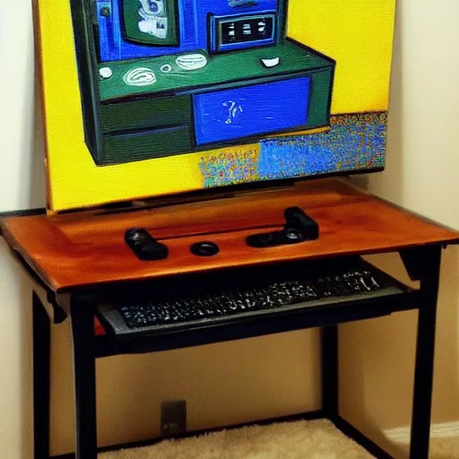 Image similar to oil painting of a gamer computer gamer pc, oil in canvas, painted by van gogh