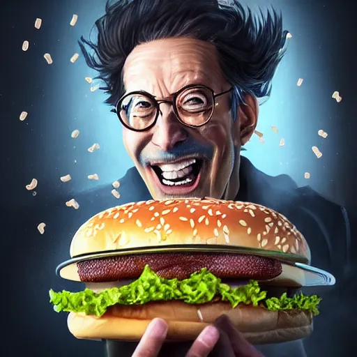 Prompt: !dream a mad scientist in his back yard laughing happily at the hamburgers which are falling from the sky , made by Stanley Artgerm Lau, WLOP, Rossdraws, ArtStation, CGSociety, concept art, cgsociety, octane render, trending on artstation, artstationHD, artstationHQ, unreal engine, 4k, 8k,