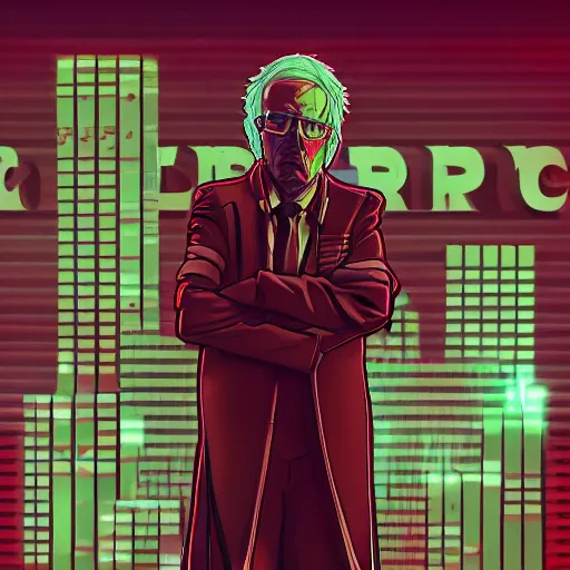 Image similar to cyberpunk bernie sanders as the leader of a futuristic communist nation, cybernetics, sharp lines, digital, artstation, colored in