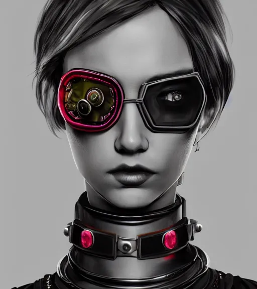 Image similar to detailed realistic female character cyberpunk wearing thick steel collar around neck, realistic, art, beautiful, 4K, collar, choker, collar around neck, punk, artstation, detailed, female, woman, choker, cyberpunk, neon, punk, collar, choker, collar around neck, thick collar, tight around neck, punk,