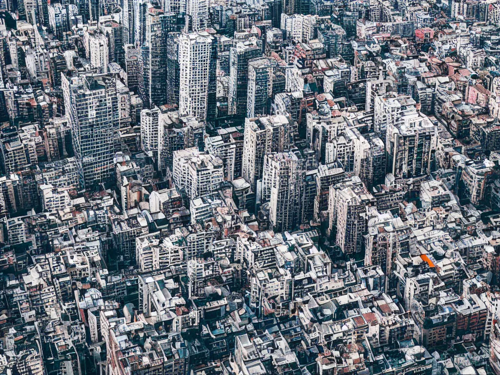 Image similar to drone view of a city, Brutalist architecture, horizon shot, sharp focus, telephoto lens, digital art 4k