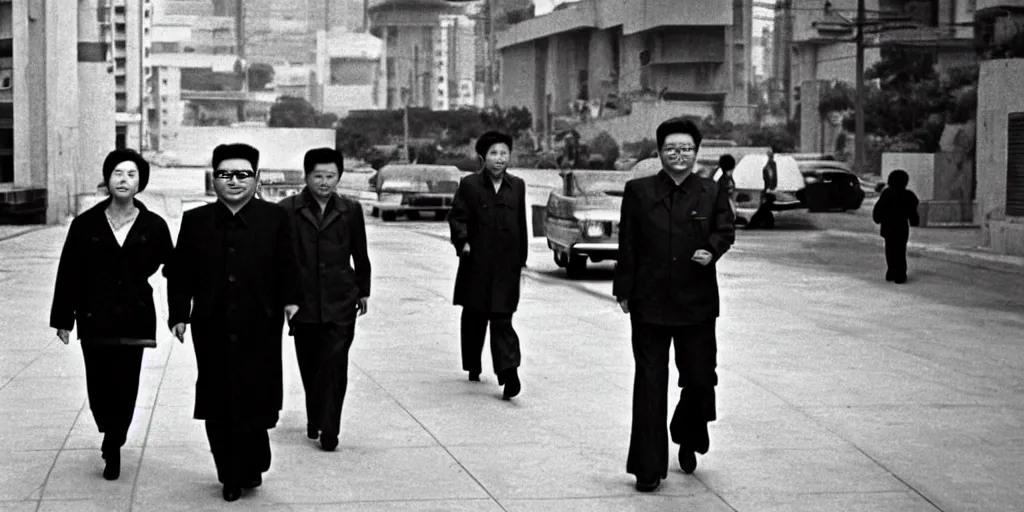 Image similar to kim jong - il walking in 1 9 6 0 s pyongyang, film noir in the style of ghost in the shell by mamoru oshii