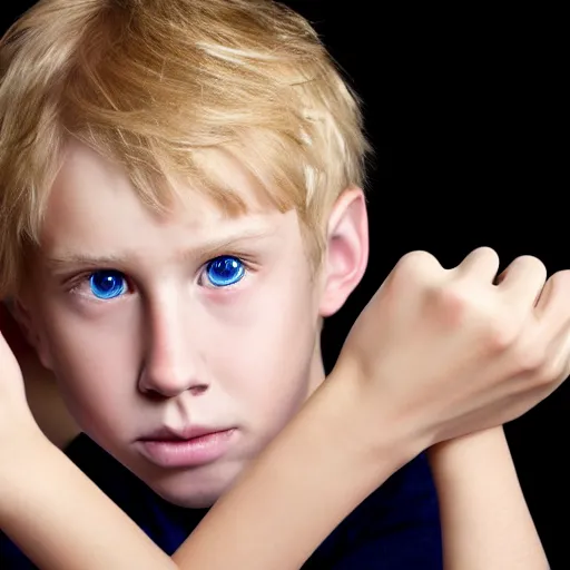 Image similar to portrait of a boy with his hand on his face, extremely realistic and real, photorealistic, blonde hair and blue eyes, detailed facial structure, real eyes that are detailed