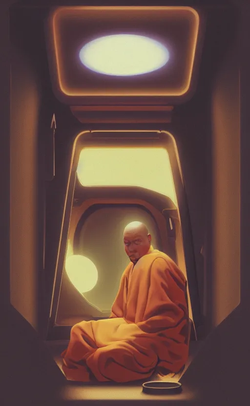 Image similar to portrait of a blind monk in a spaceship, looking out the window at a planet, orange robe, dramatic lighting, artstation, matte painting, ralph mcquarrie