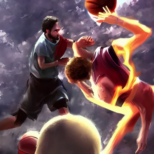 Prompt: Jesus Christ defeating the Devil in a basketball game artstation digital art epic