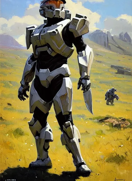 Image similar to Greg Manchess painting of a humanoid Corgi wearing Forerunner Armor from Halo, countryside, calm, fantasy character portrait, dynamic pose, above view, sunny day, artwork by Jeremy Lipkin and Giuseppe Dangelico Pino and Michael Garmash and Rob Rey, very coherent asymmetrical artwork, sharp edges, perfect face, simple form, 100mm